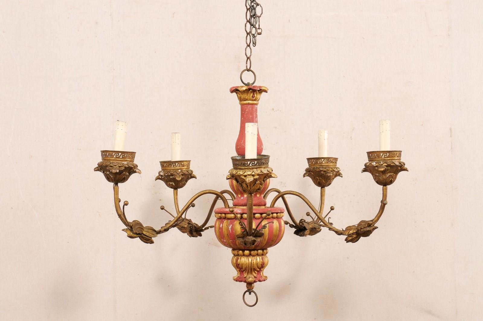 Italian Antique Chandelier w/Carved Center Column, Red & Gold For Sale 3