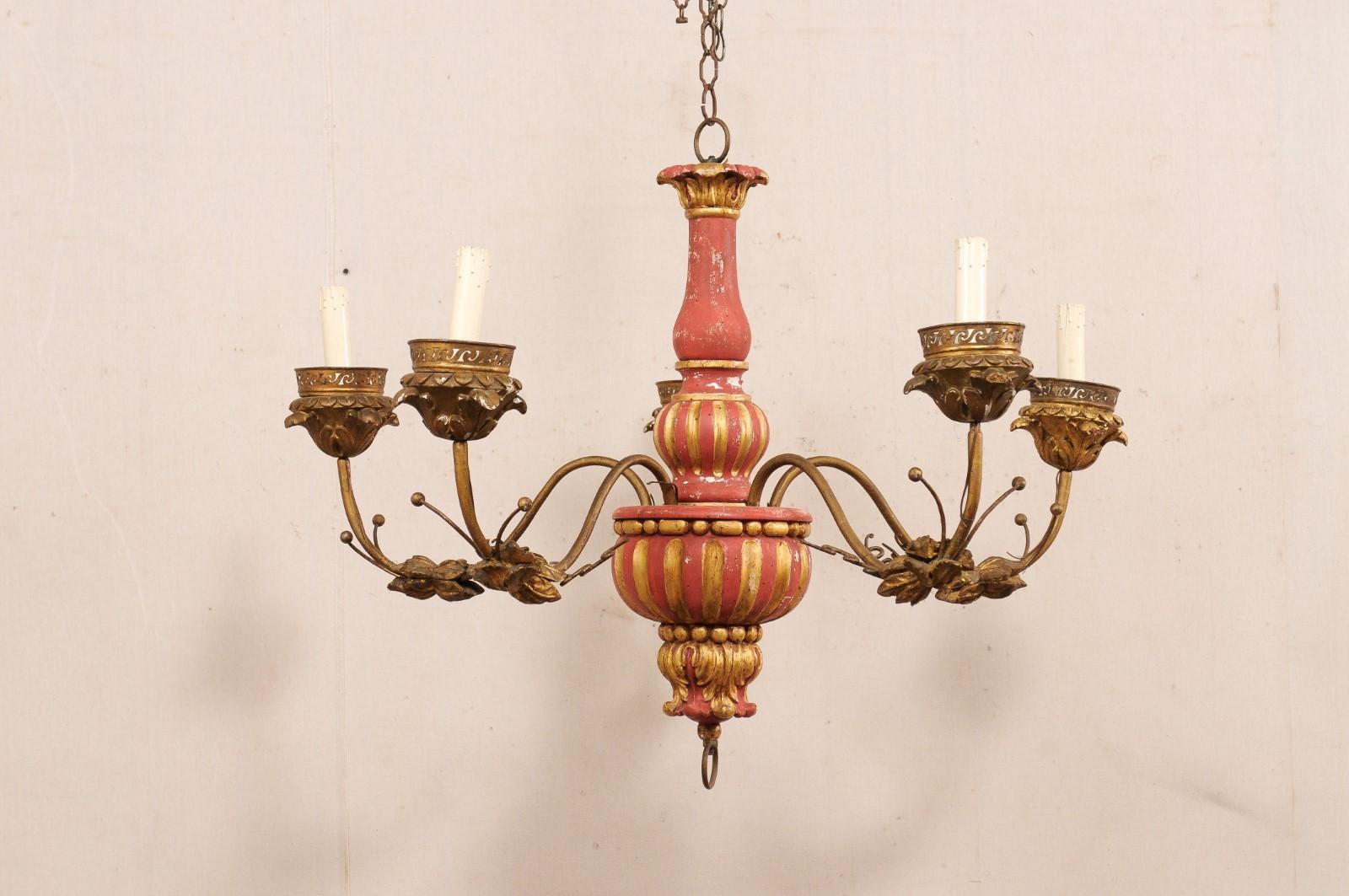 Italian Antique Chandelier w/Carved Center Column, Red & Gold For Sale 4