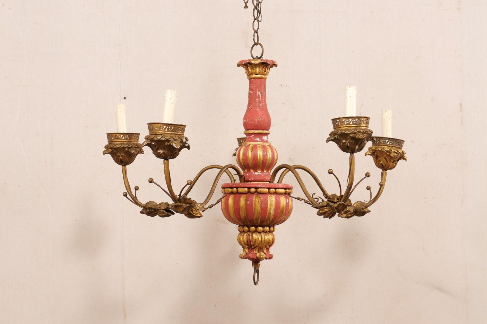 Italian Antique Chandelier w/Carved Center Column, Red & Gold 4