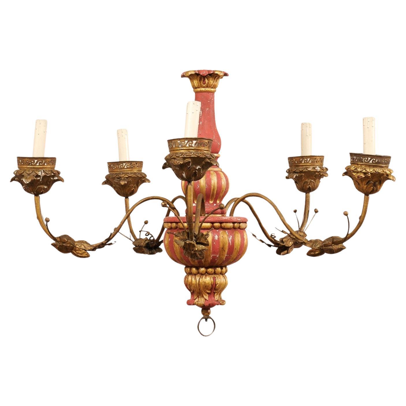 Italian Antique Chandelier w/Carved Center Column, Red & Gold For Sale