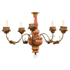 Italian Antique Chandelier w/Carved Center Column, Red & Gold