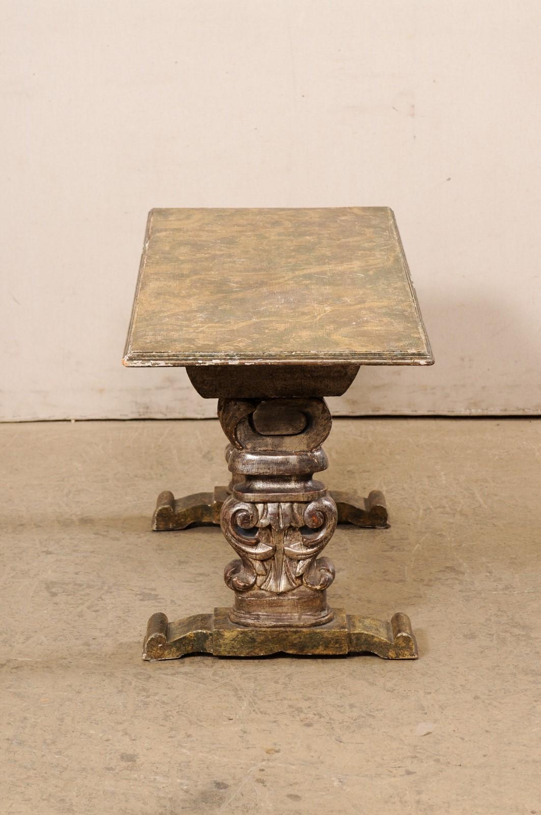 Italian Antique Coffee Table W/Carved Trestle Legs & Faux Marble Top For Sale 5