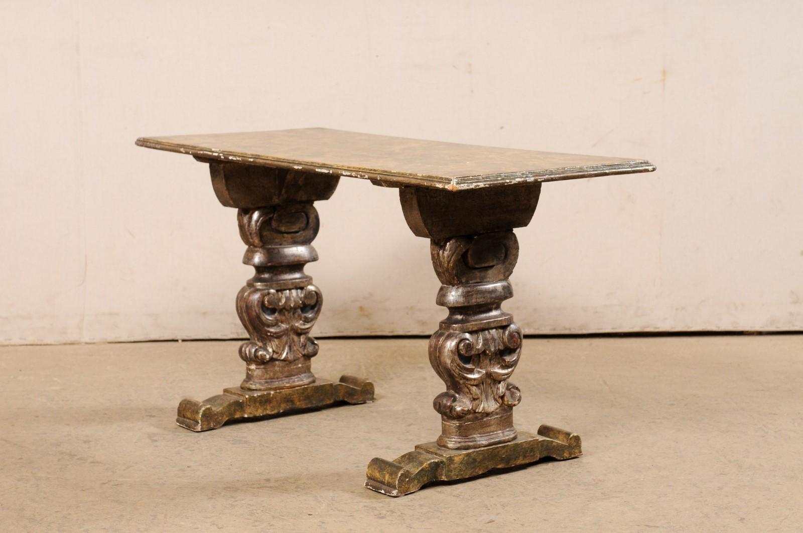 Italian Antique Coffee Table W/Carved Trestle Legs & Faux Marble Top For Sale 6
