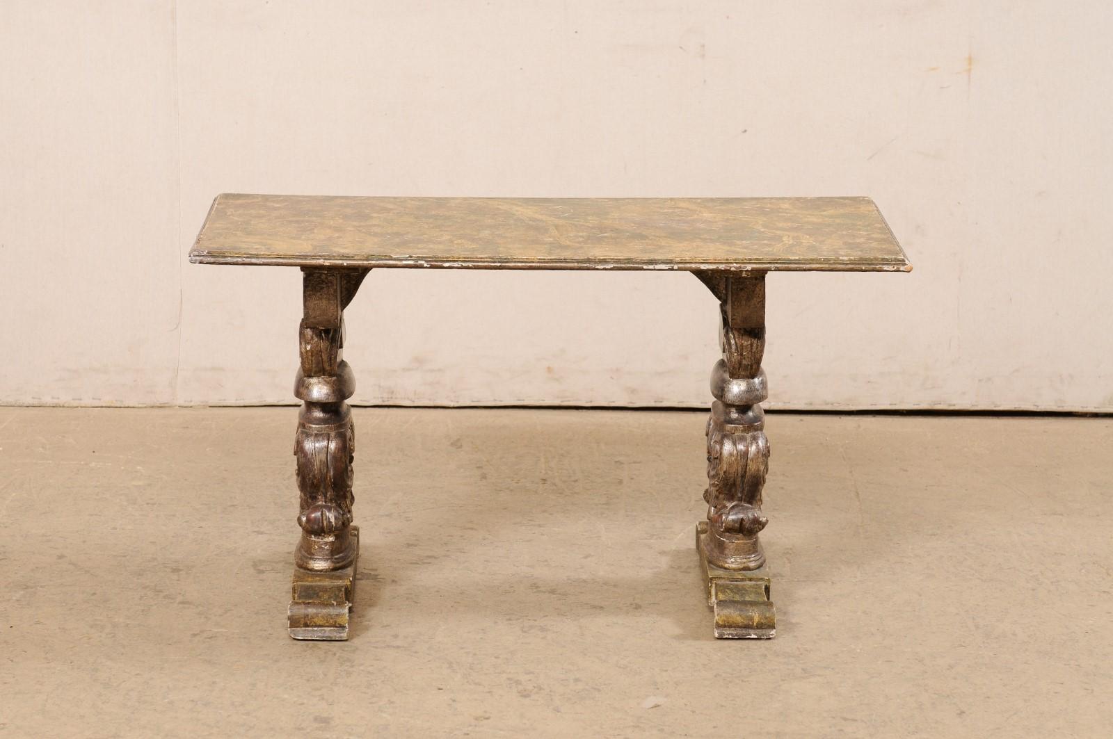 Italian Antique Coffee Table W/Carved Trestle Legs & Faux Marble Top For Sale 7