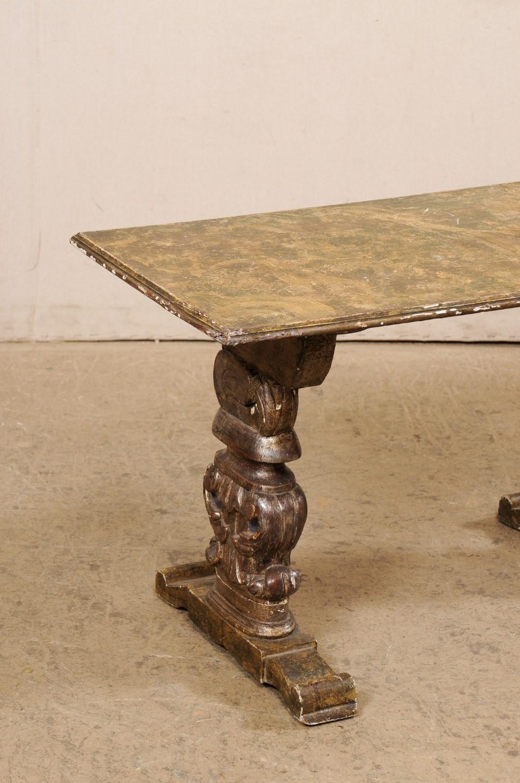 Italian Antique Coffee Table W/Carved Trestle Legs & Faux Marble Top In Good Condition For Sale In Atlanta, GA