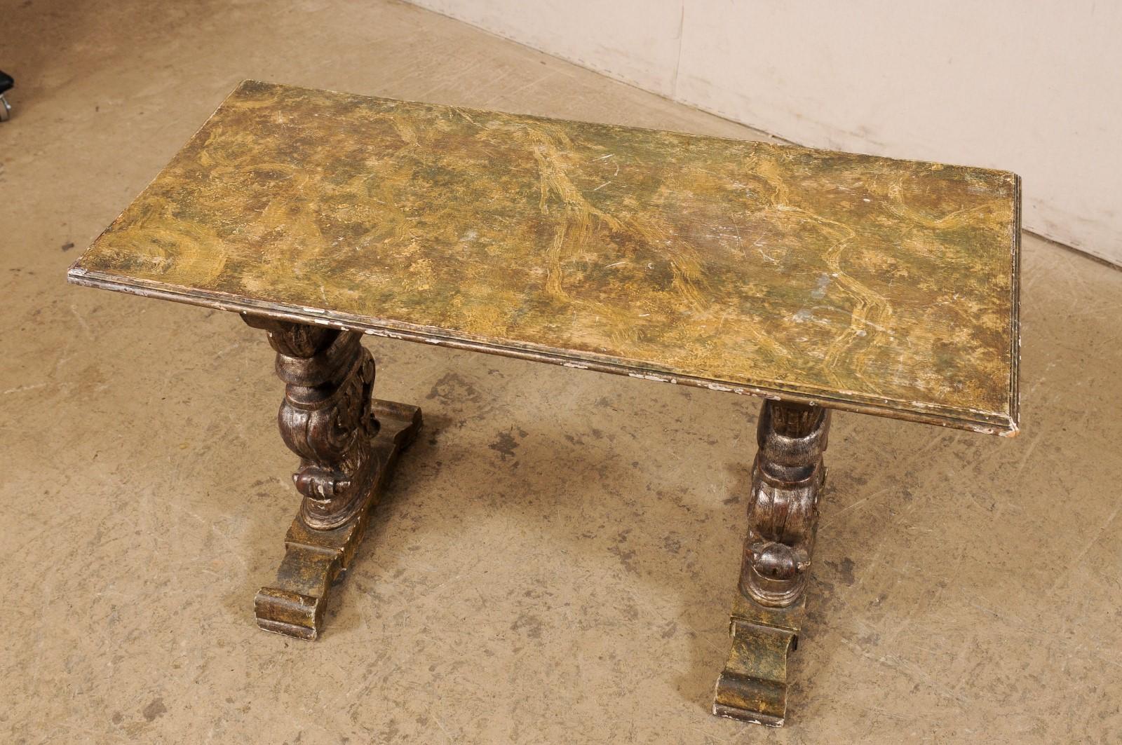 20th Century Italian Antique Coffee Table W/Carved Trestle Legs & Faux Marble Top For Sale