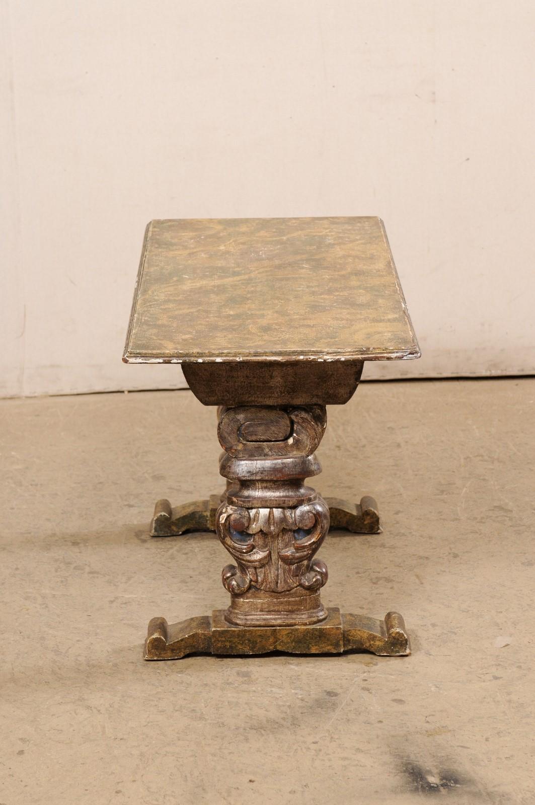Wood Italian Antique Coffee Table W/Carved Trestle Legs & Faux Marble Top For Sale