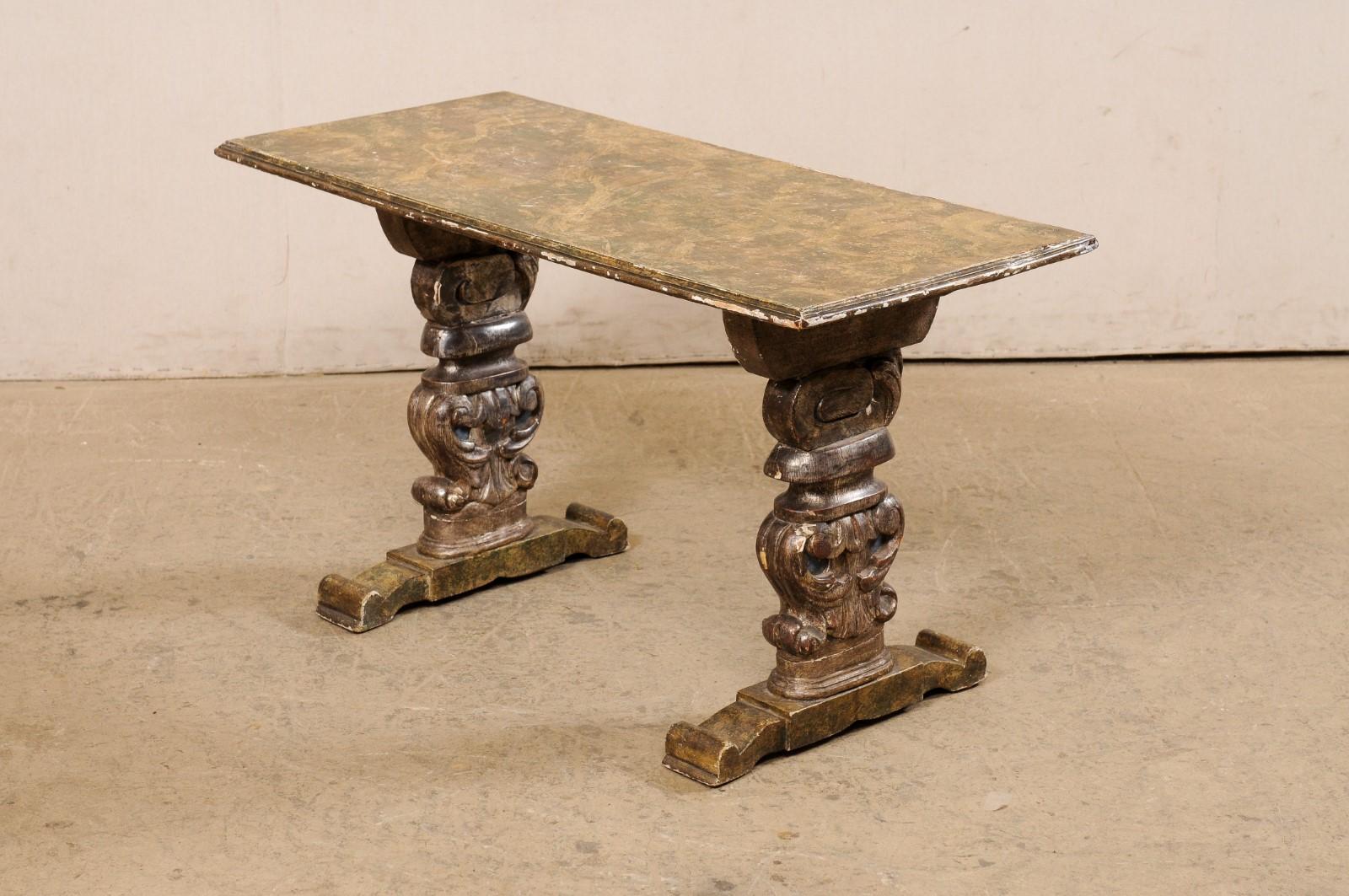 Italian Antique Coffee Table W/Carved Trestle Legs & Faux Marble Top For Sale 1