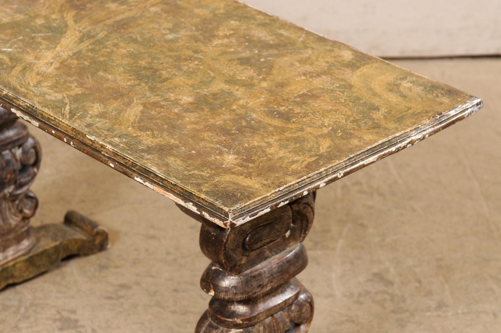 Italian Antique Coffee Table W/Carved Trestle Legs & Faux Marble Top For Sale 2