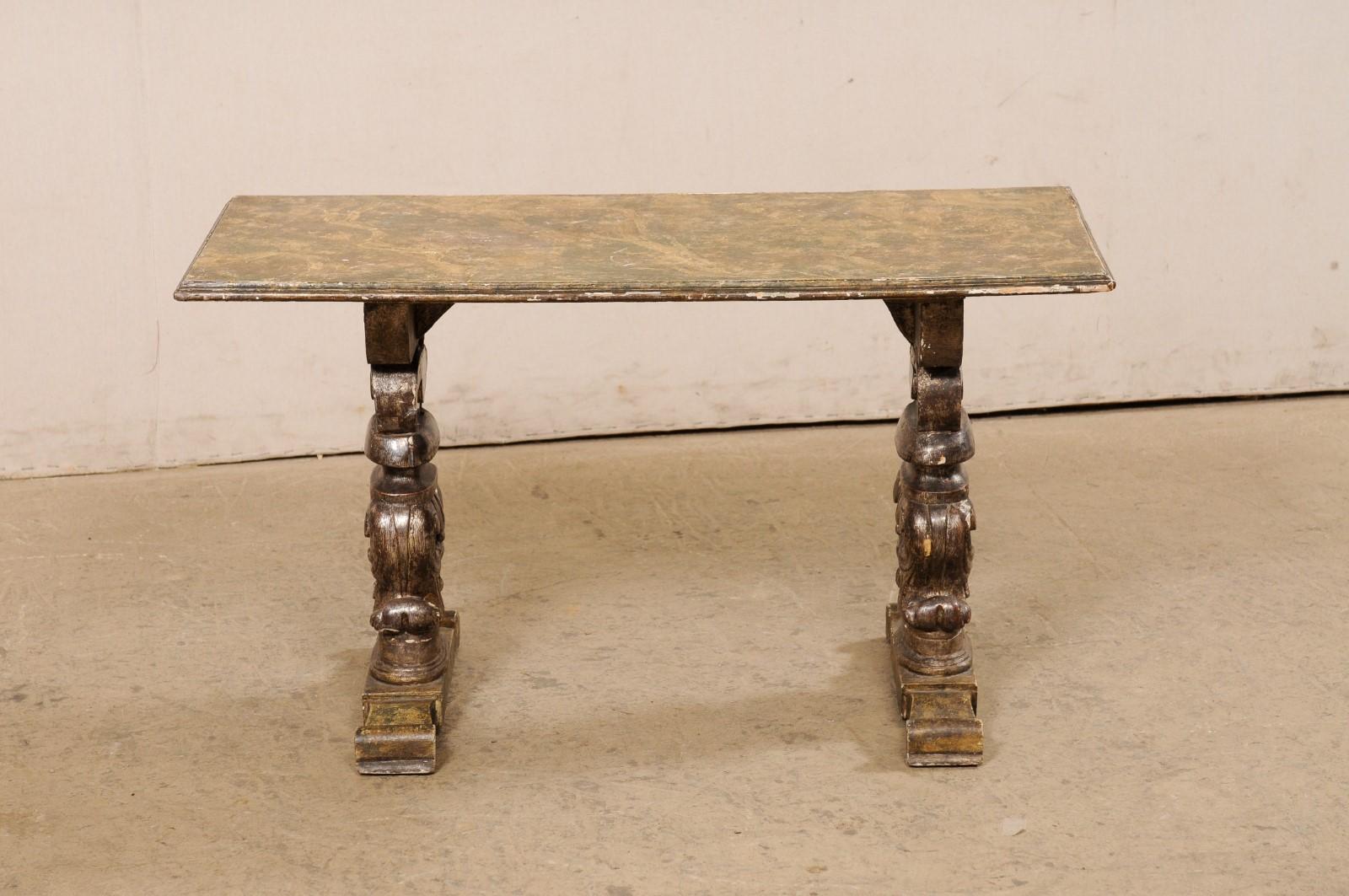 Italian Antique Coffee Table W/Carved Trestle Legs & Faux Marble Top For Sale 3