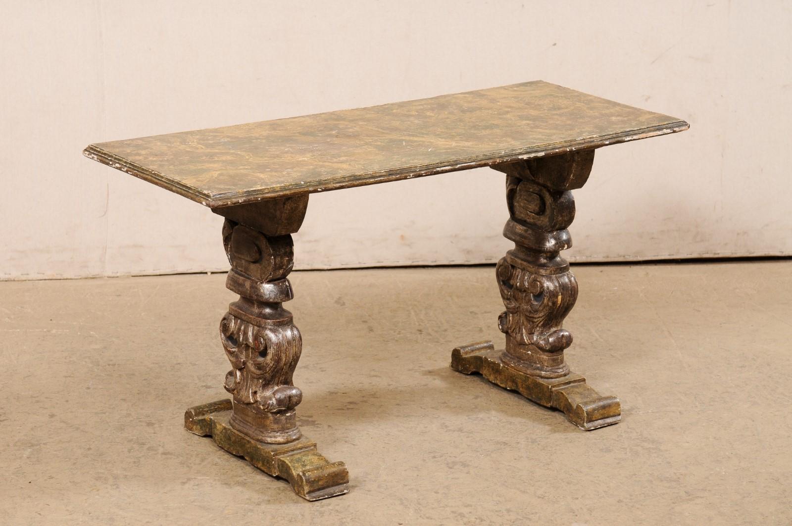 Italian Antique Coffee Table W/Carved Trestle Legs & Faux Marble Top For Sale 4