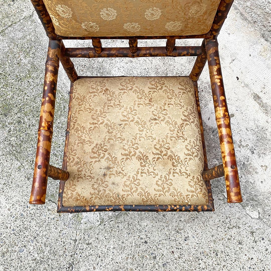 Italian Antique Colonial Bamboo and Original Fabric Chair with Armrests, 1910s 5