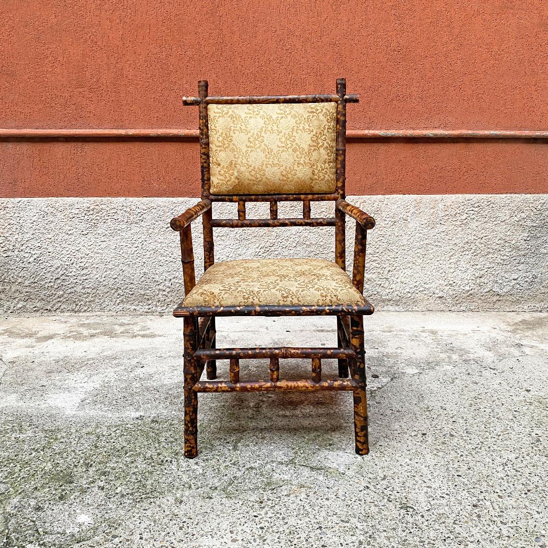 Colonial Revival Italian Antique Colonial Bamboo and Original Fabric Chair with Armrests, 1910s