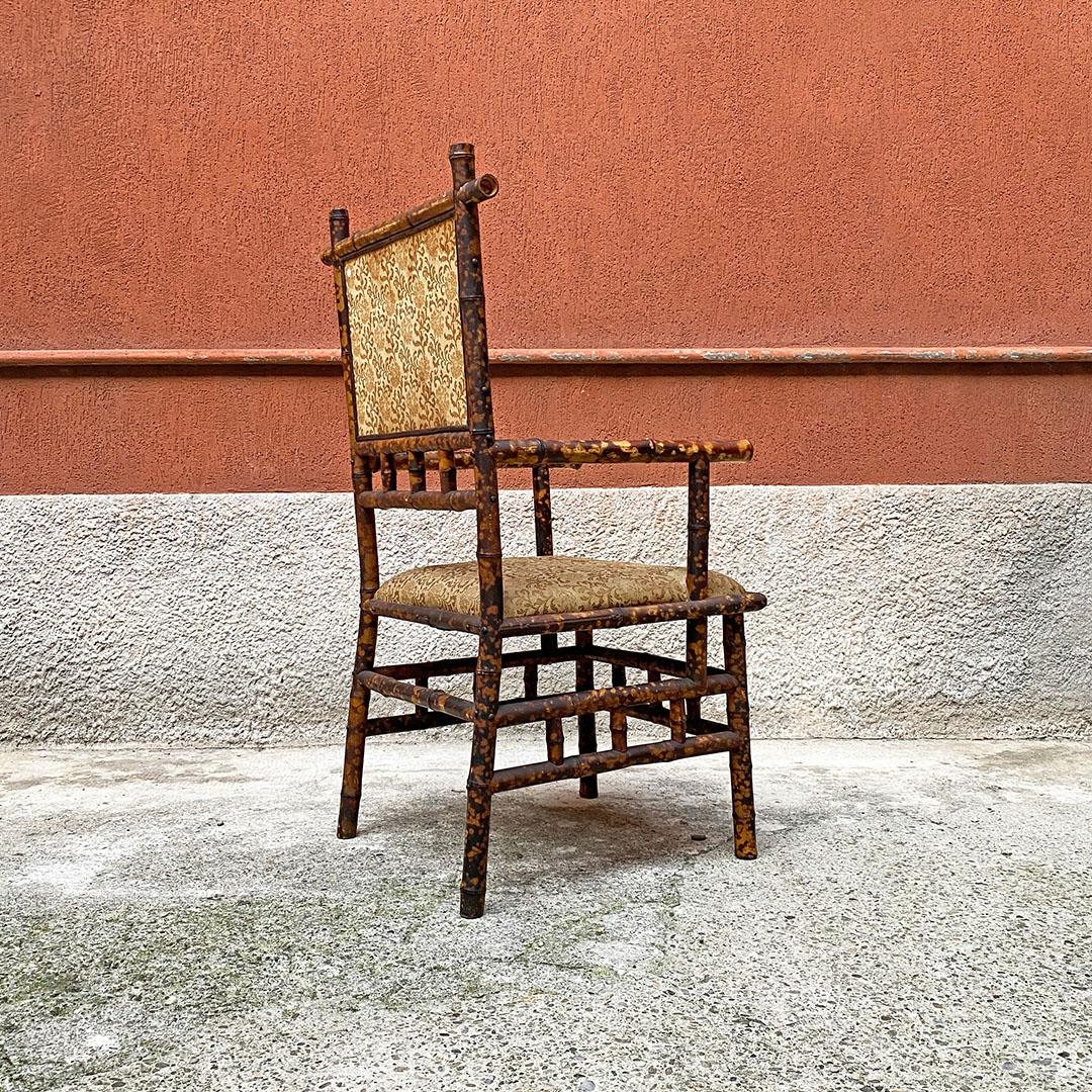 Early 20th Century Italian Antique Colonial Bamboo and Original Fabric Chair with Armrests, 1910s