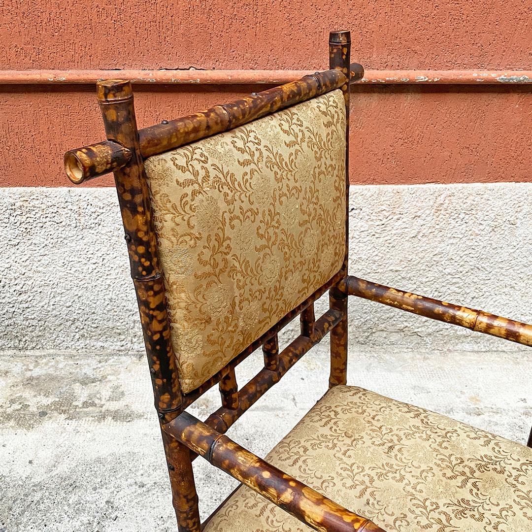 Italian Antique Colonial Bamboo and Original Fabric Chair with Armrests, 1910s 1