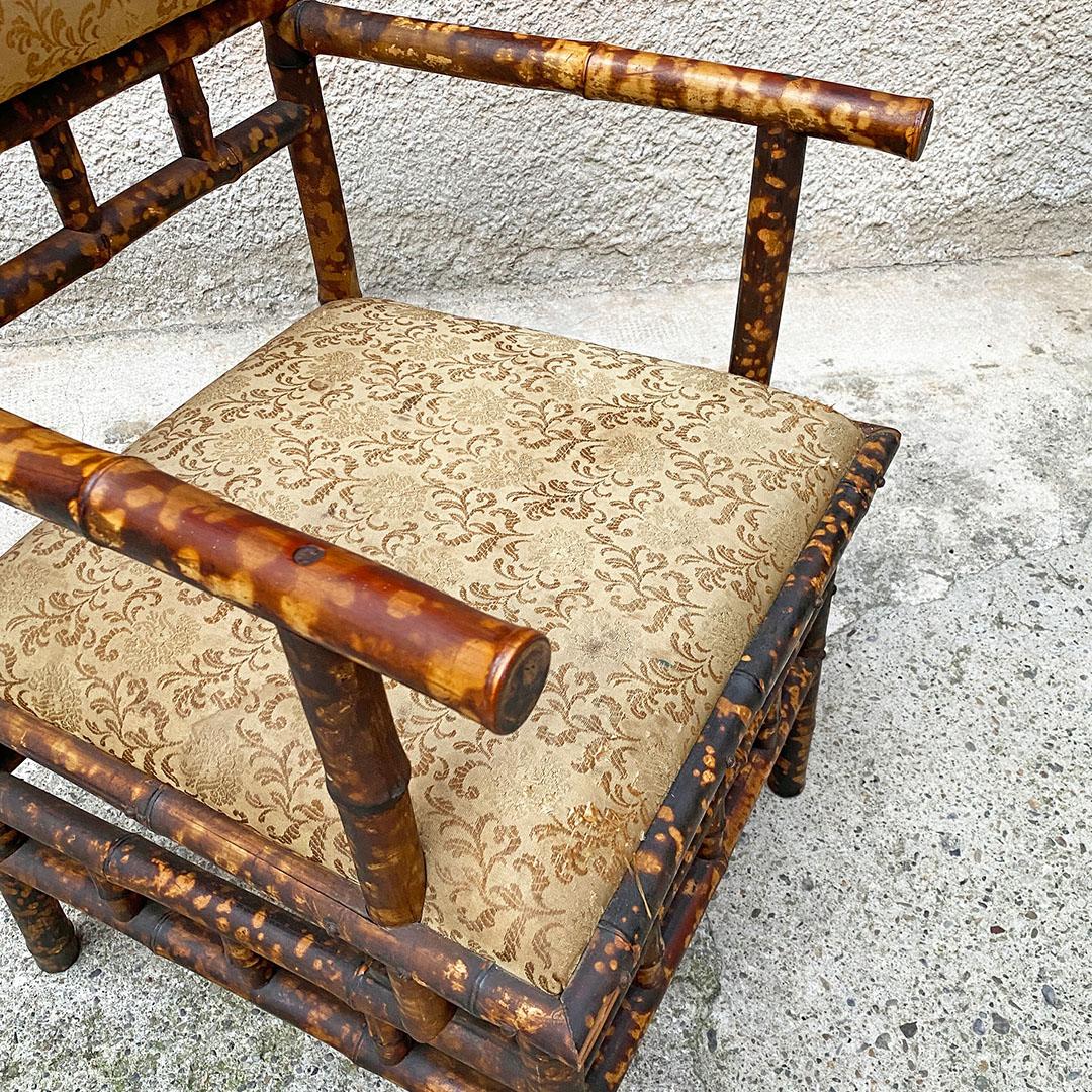 Italian Antique Colonial Bamboo and Original Fabric Chair with Armrests, 1910s 2