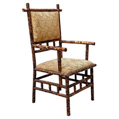 Italian Antique Colonial Bamboo and Original Fabric Chair with Armrests, 1910s