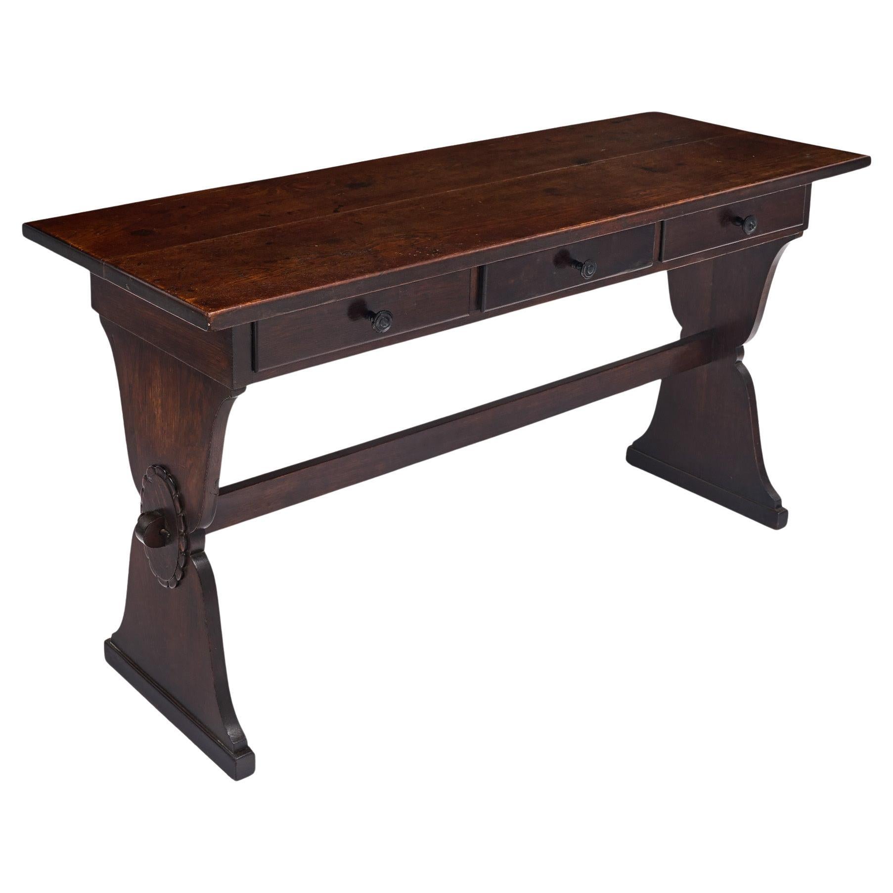 Italian Antique Console Table, Chestnut Wood, Dovetailed Drawers, 1920
