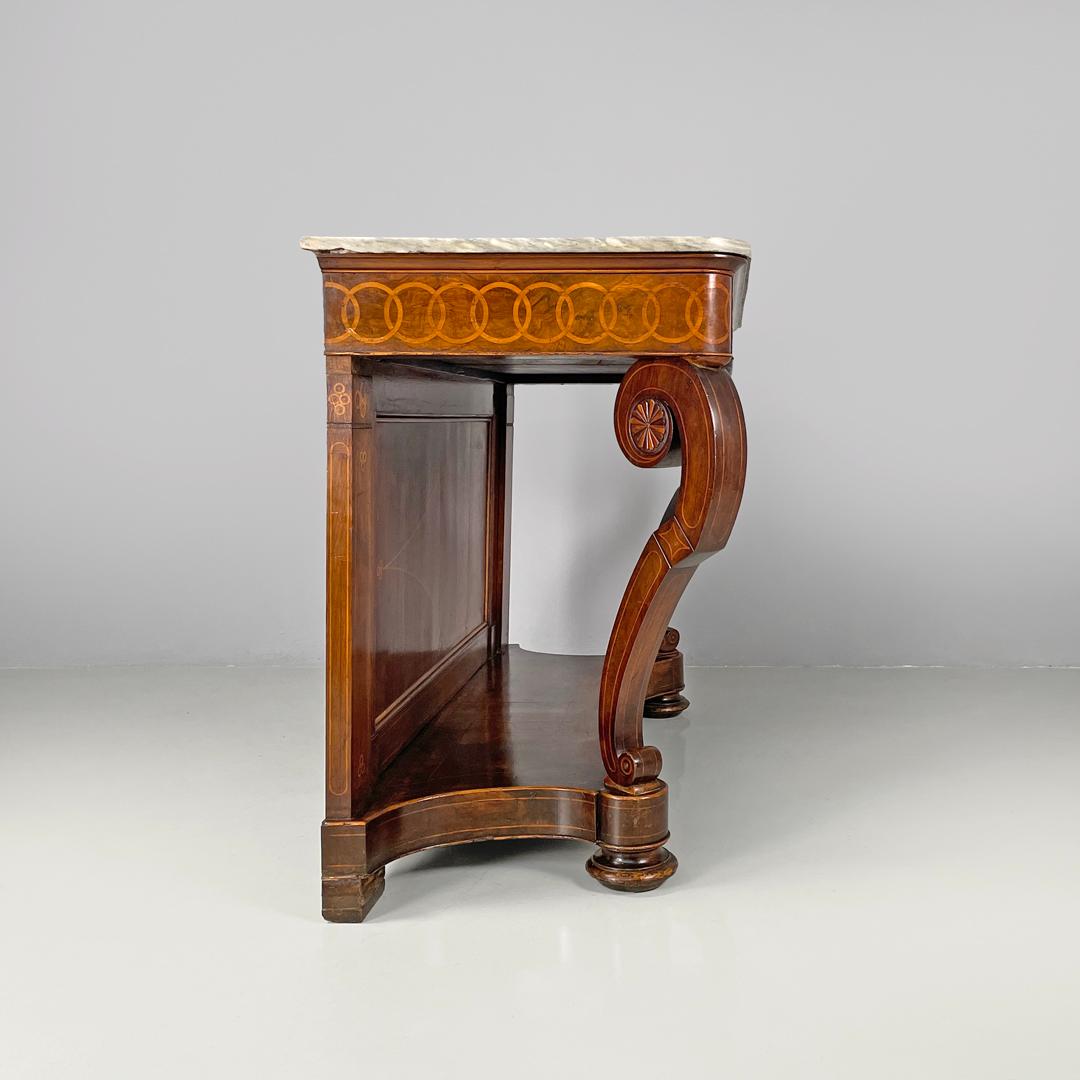 Italienischer antiker Konsolentisch aus Holz und Marmor mit Intarsiendekorationen, 1840 (Mittleres 19. Jahrhundert) im Angebot