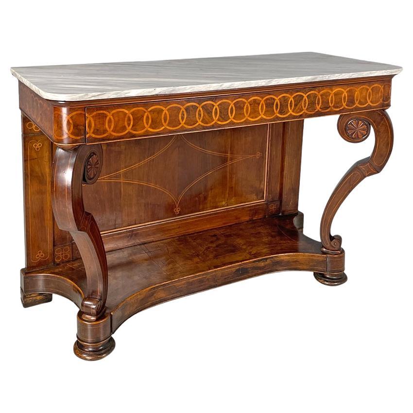 Italienischer antiker Konsolentisch aus Holz und Marmor mit Intarsiendekorationen, 1840 im Angebot