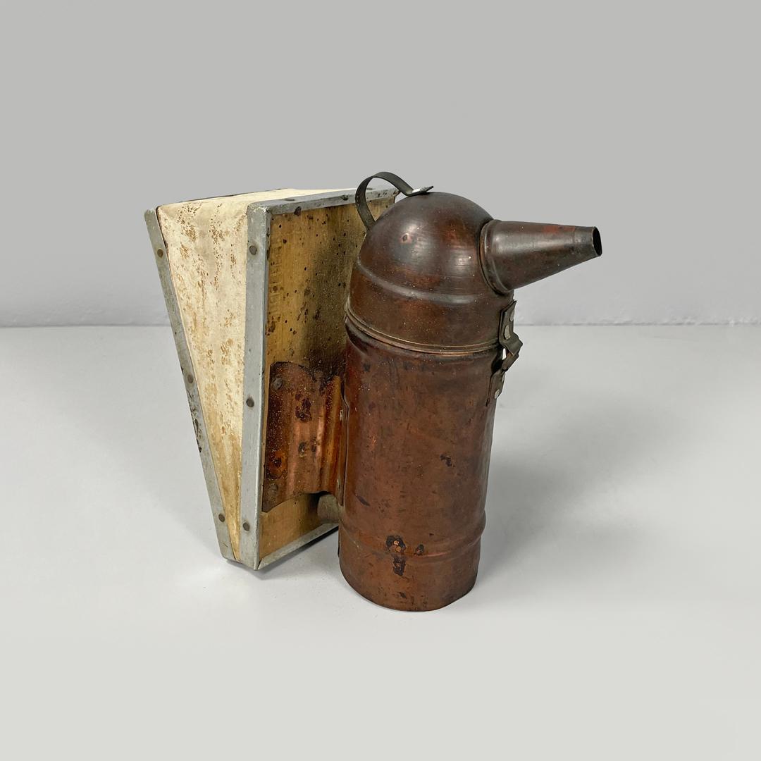 Metal Italian antique copper wood and bee smoker with bellows, first half of 1900s