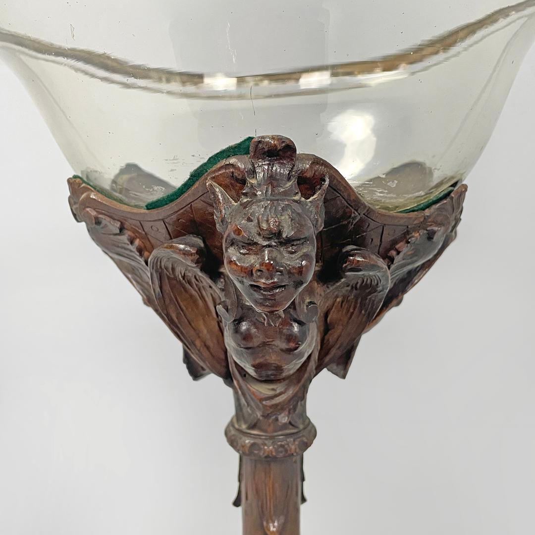 Italian antique cup with glass hemisphere and decorated wood stem, early 1900s For Sale 7
