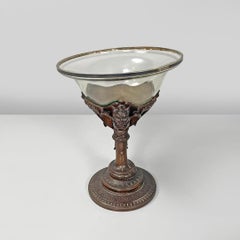 Italian antique cup with glass hemisphere and decorated wood stem, early 1900s