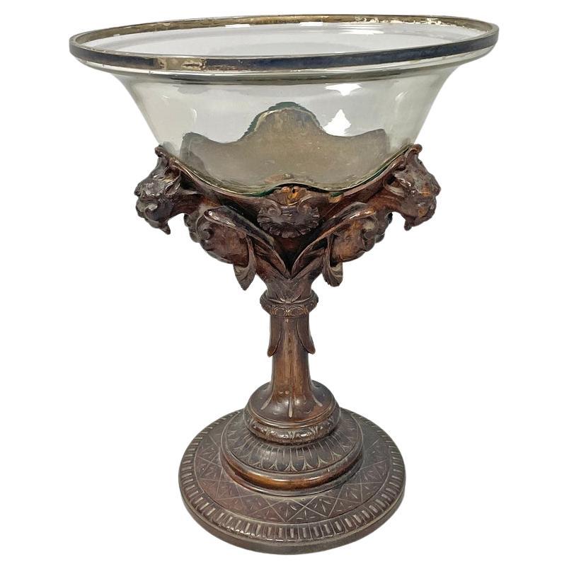 Italian antique cup with glass hemisphere and decorated wood stem, early 1900s For Sale