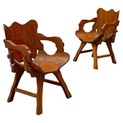 Italian Antique Curved Wood Irregular Shape Pair of Rustic Armchair, 1930s