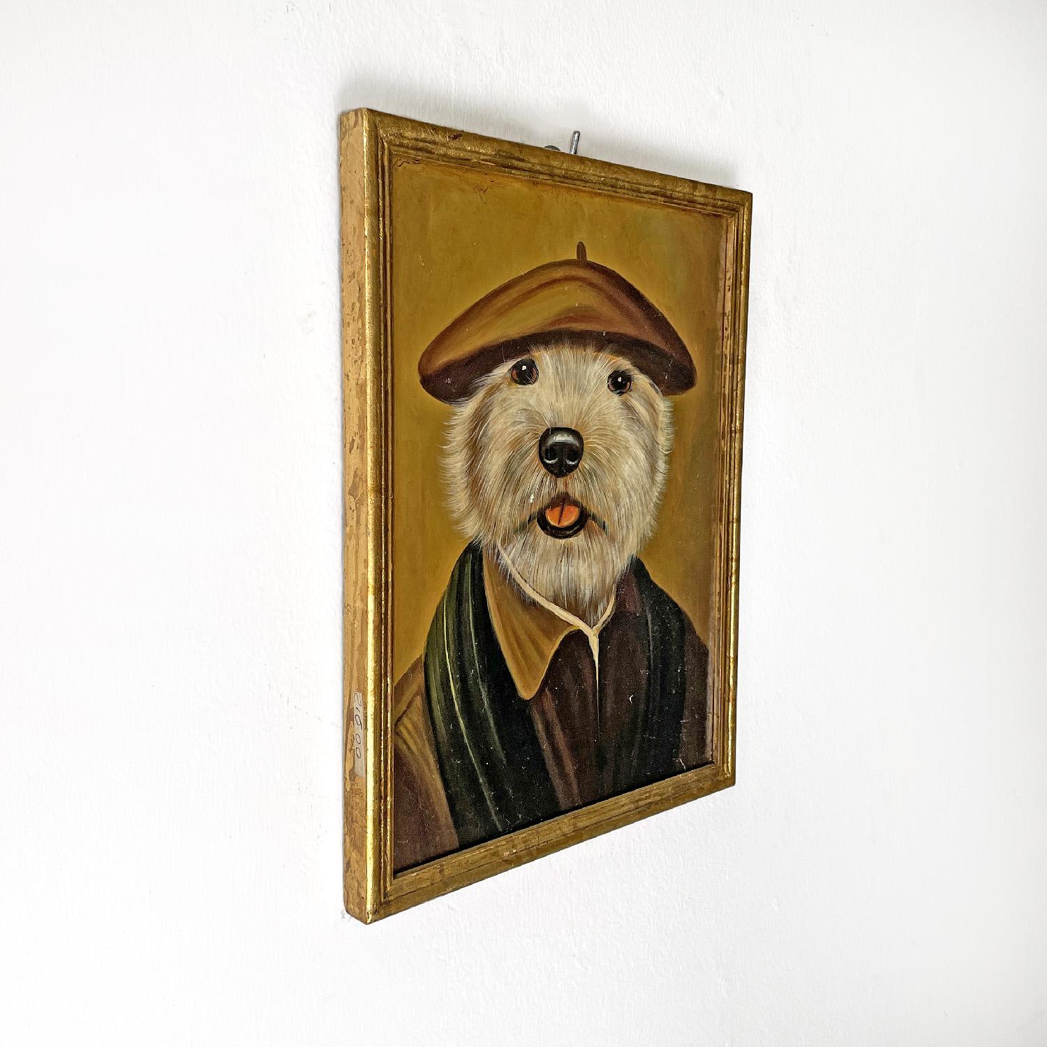 Italian antique dog portrait oil painting with gilded wood frame, late 1800s
Oil painting with frame representing the portrait of a white dog. The subject wears human clothes and a brown and black hat. The background is brown. The frame is in gilded