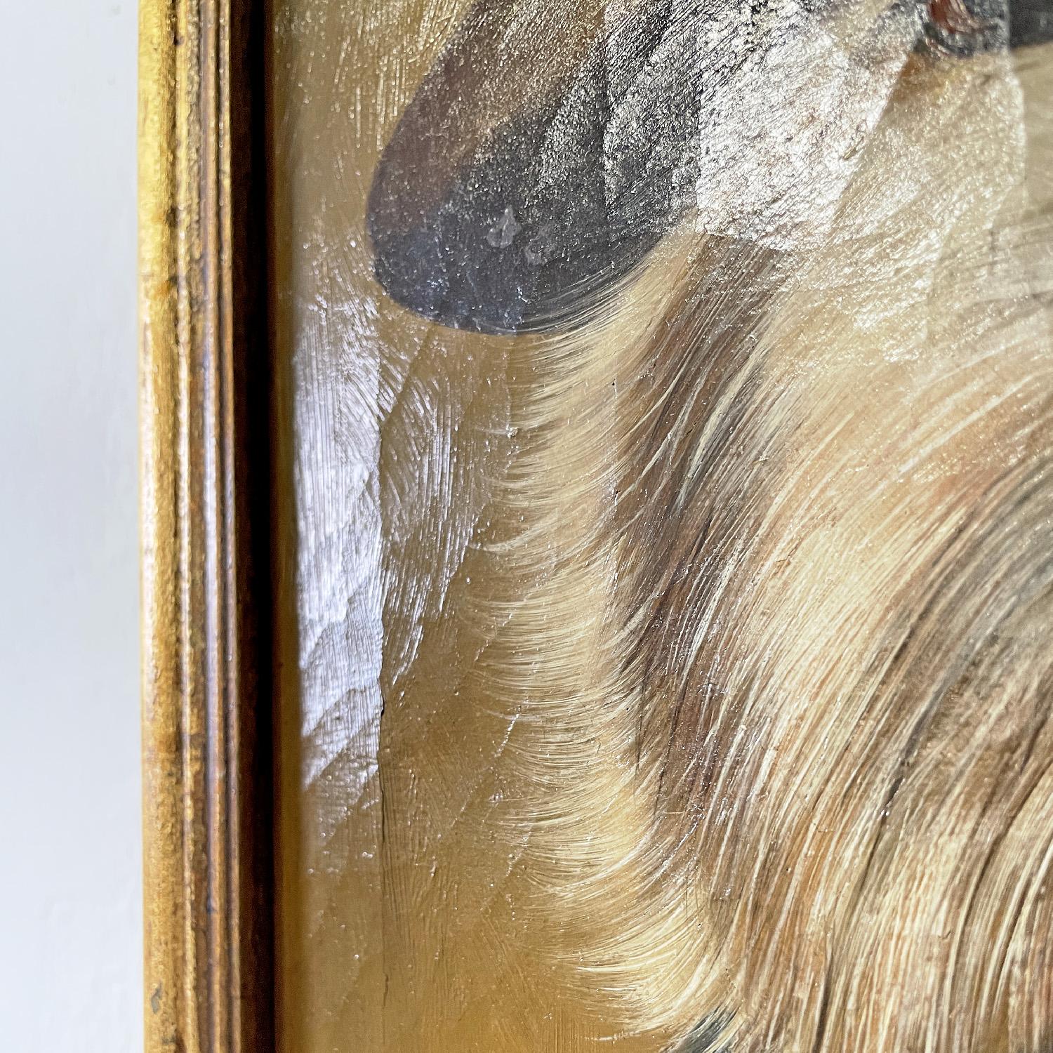 Canvas Italian antique dog portrait oil painting with gilded wood frame, late 1800s For Sale