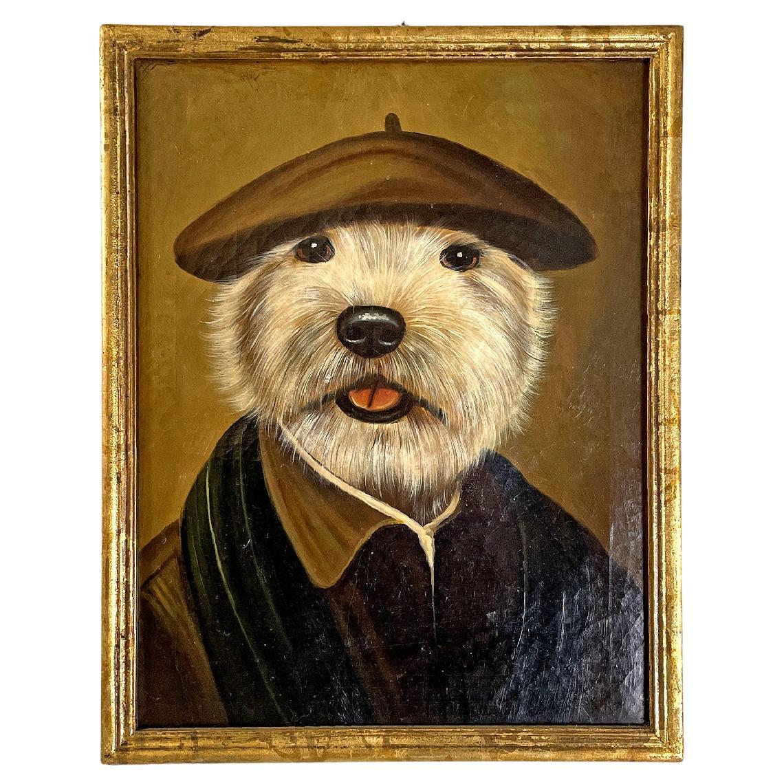 Peinture à l'huile italienne ancienne, portrait de chien, avec cadre en bois doré, fin des années 1800