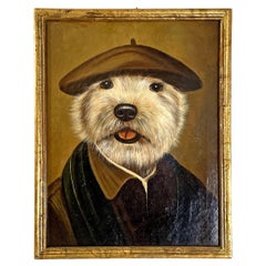 Retrato antiguo italiano de perro pintado al óleo con marco de madera dorada, finales del siglo XIX
