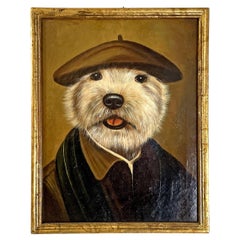 Italian Antique dog portrait oil painting with gilded wood frame, late 1800s