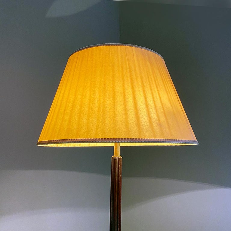 Italian Antique Floor Lamp with Wooden Stem Brass Base and Fabric