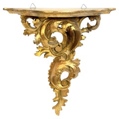 Italian Antique Florence Wall Shelf, Gilded Carved Acanthus, Rococo Style