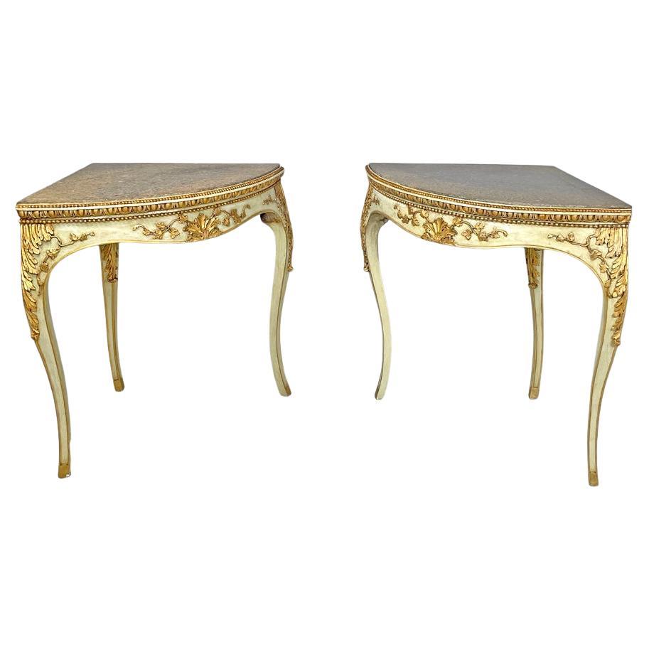 Italian antique wood gold green corner consoles with lumachella marble top 1700s