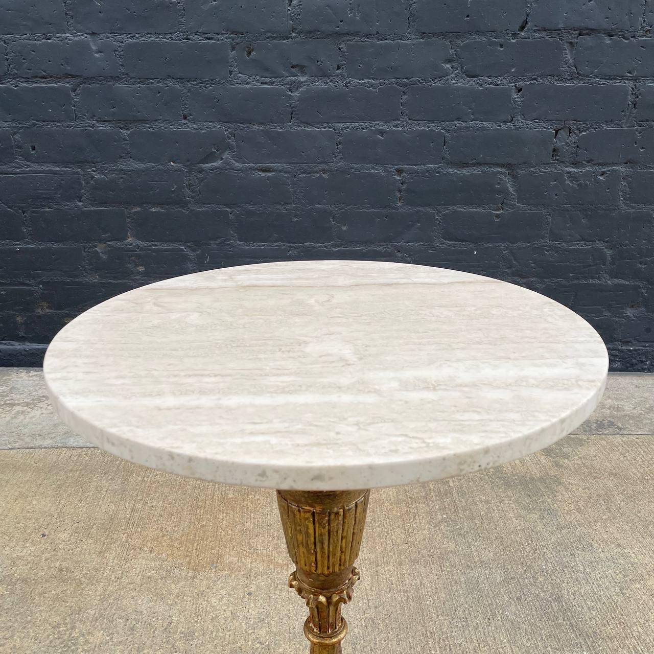 Italian Antique Gold Leaf Gilded Side Table with Travertine Top In Good Condition For Sale In Los Angeles, CA