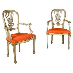 Fauteuils italiens anciens en bois vert et or avec coussins orange, années 1700