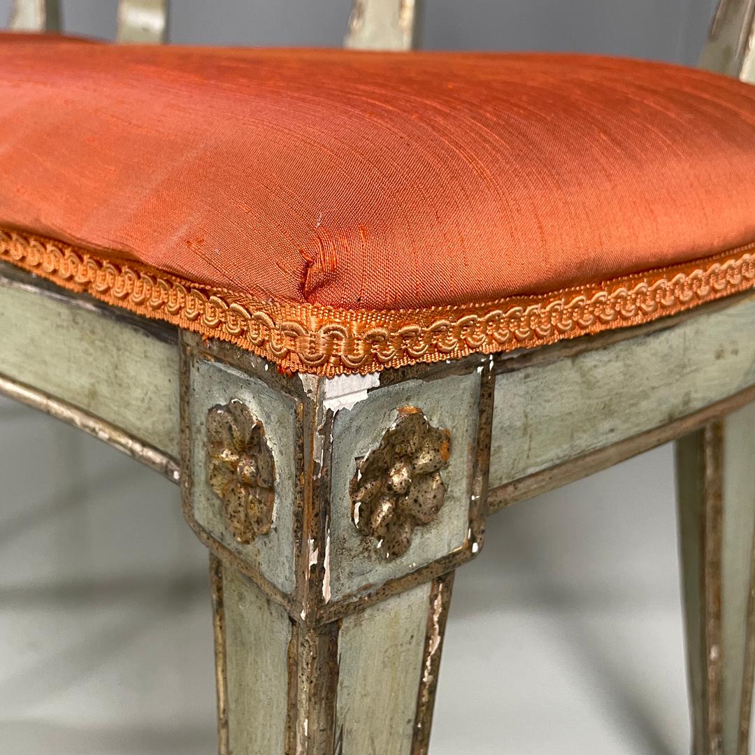 Italian antique green and gold wooden chairs with orange cushions, 1700s For Sale 14