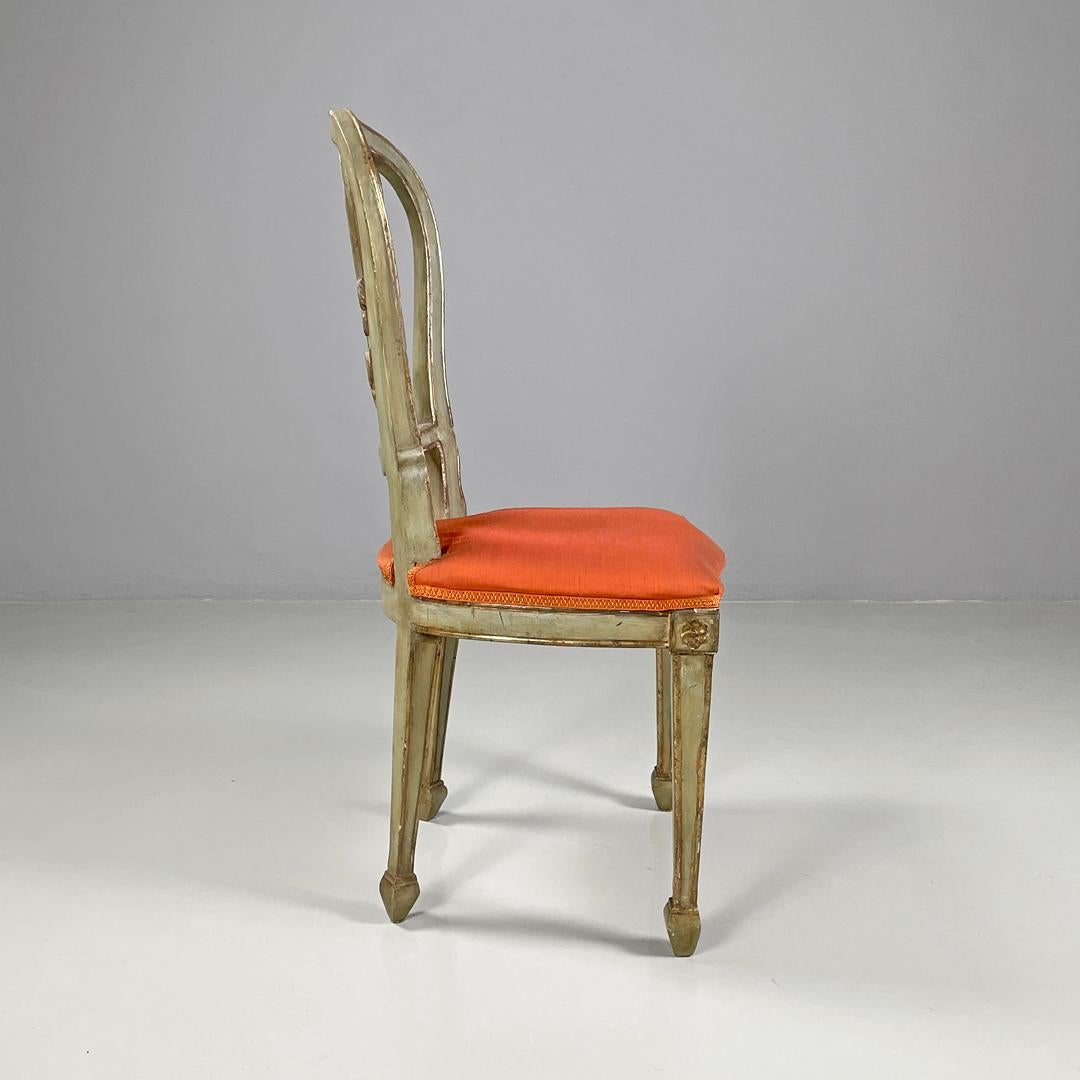 Early 18th Century Italian antique green and gold wooden chairs with orange cushions, 1700s For Sale