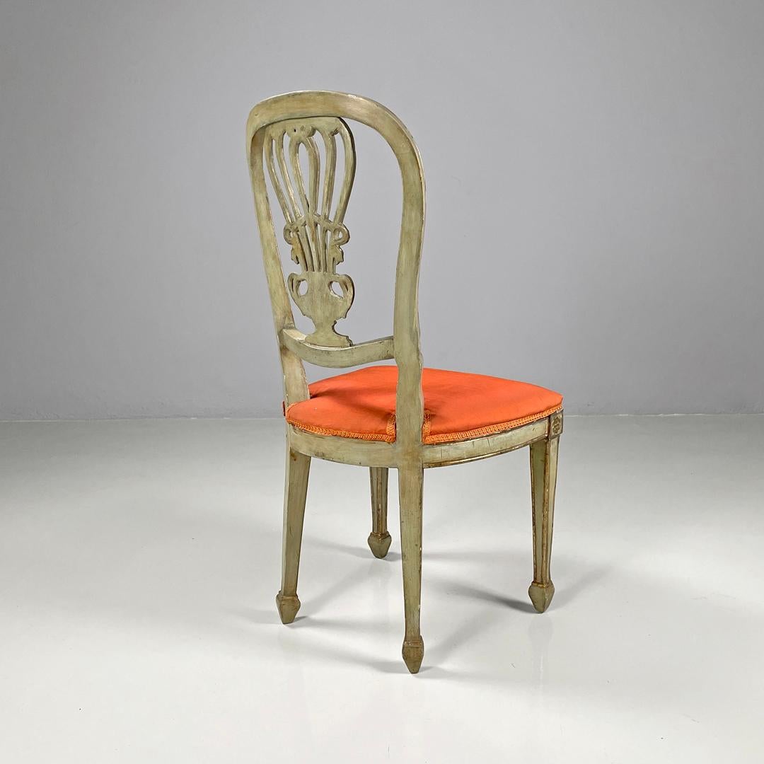 Fabric Italian antique green and gold wooden chairs with orange cushions, 1700s For Sale
