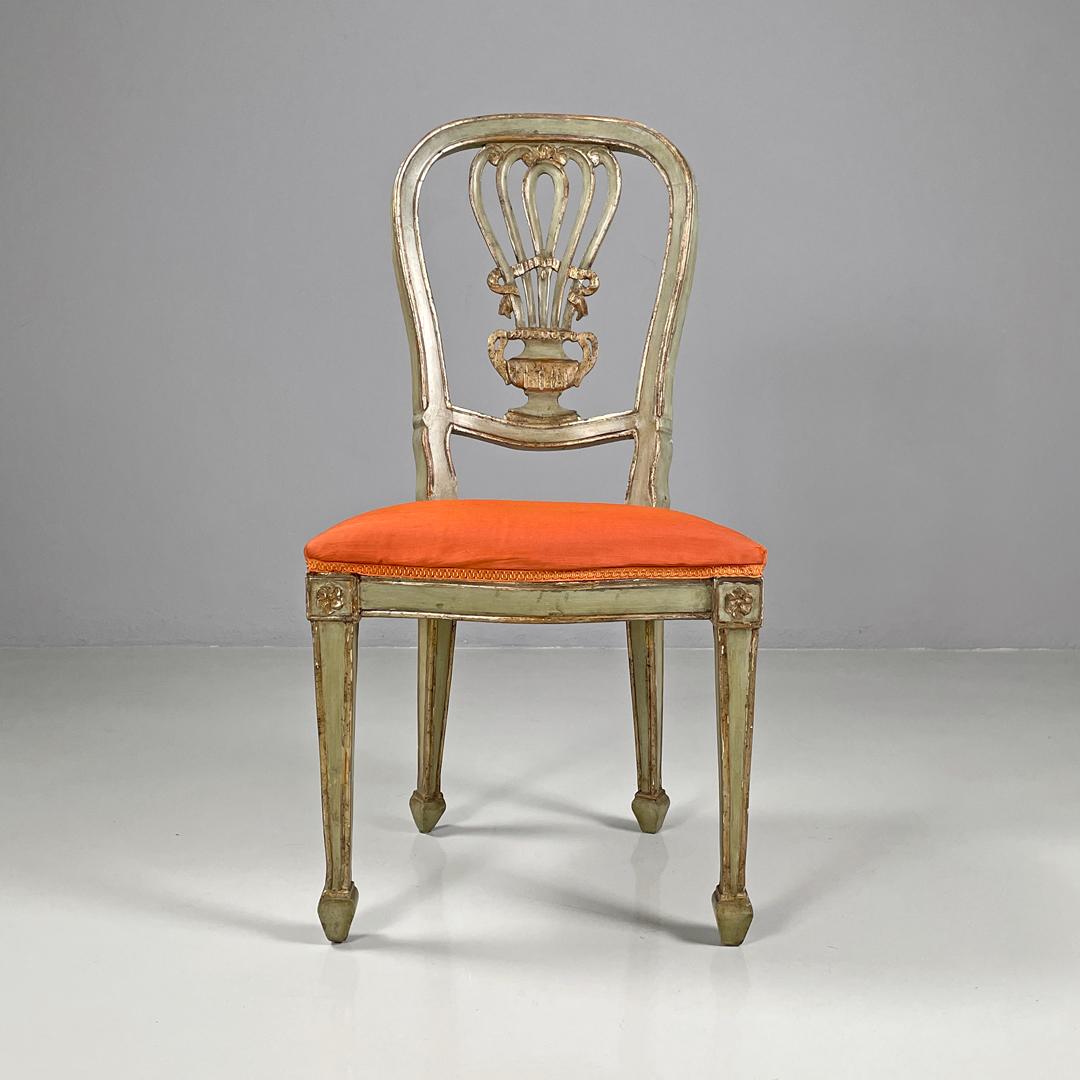 Italian antique green and gold wooden chairs with orange cushions, 1700s For Sale 1