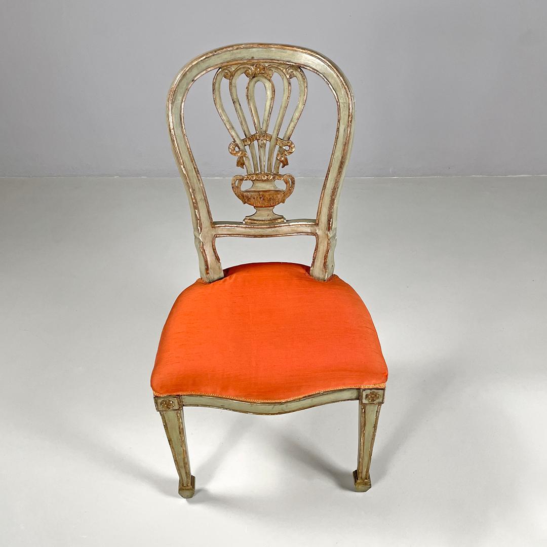 Italian antique green and gold wooden chairs with orange cushions, 1700s For Sale 2