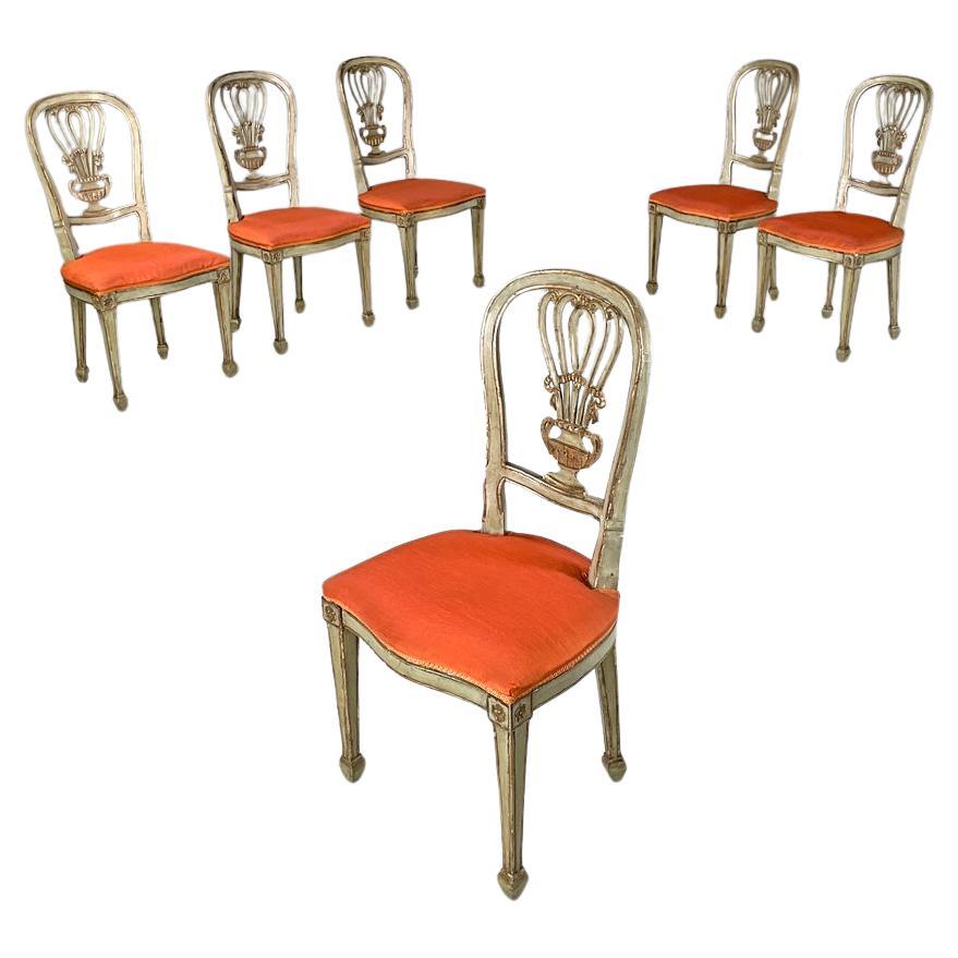 Italian antique green and gold wooden chairs with orange cushions, 1700s For Sale