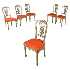 Italian Antique green and gold wooden chairs with orange cushions, 1700s
