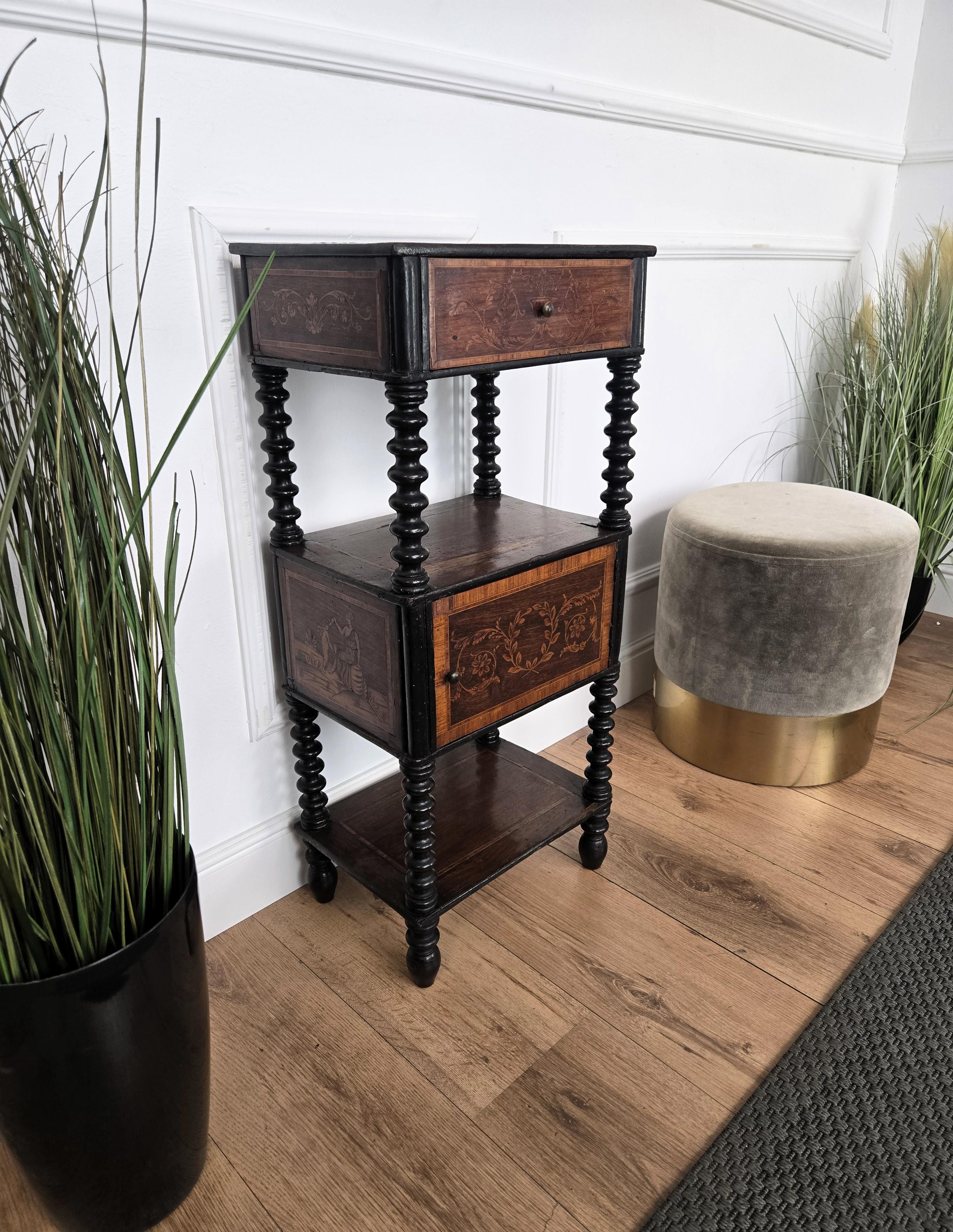 Lovely and exceptionally manufactured antique Italian fruitwood inlay marquetry decorated side table with amazing all around decors of classic scenes and motifs highliting the beautiful wood grain and patina completed by a top drawer with brass