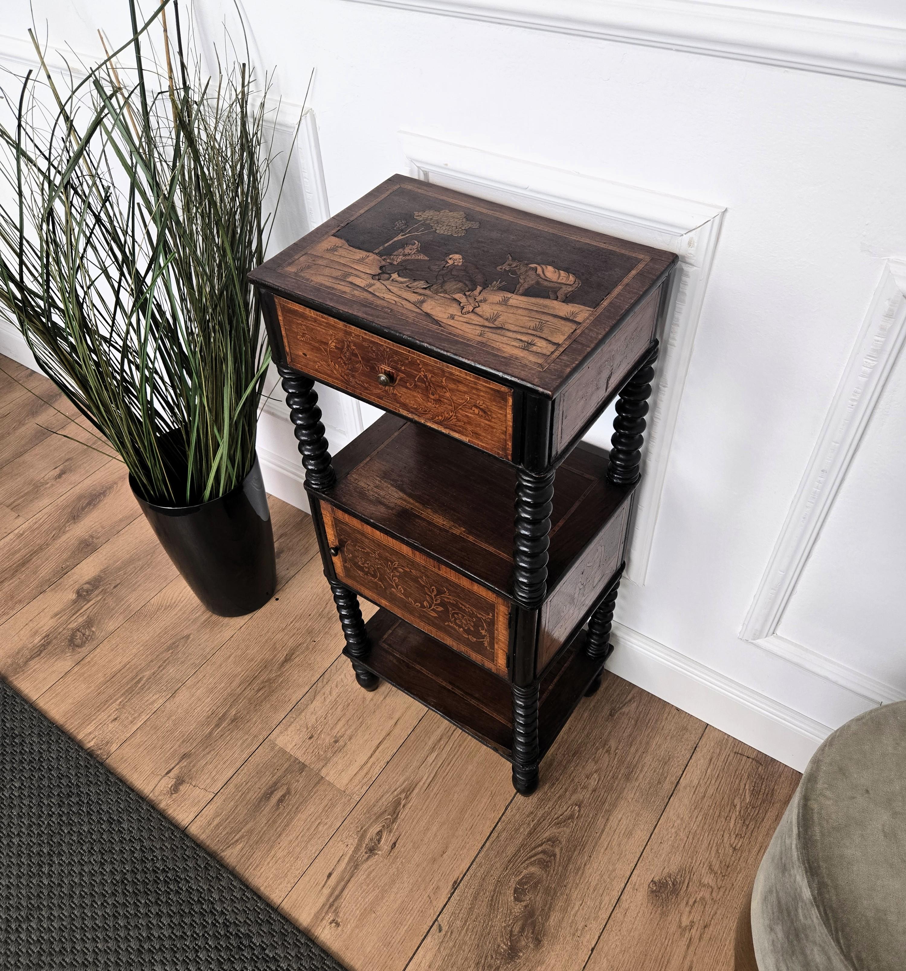 Belle Époque Italian Antique Marquetry Fruitwood Inlay Bobbin Turned Sofa Side Table For Sale