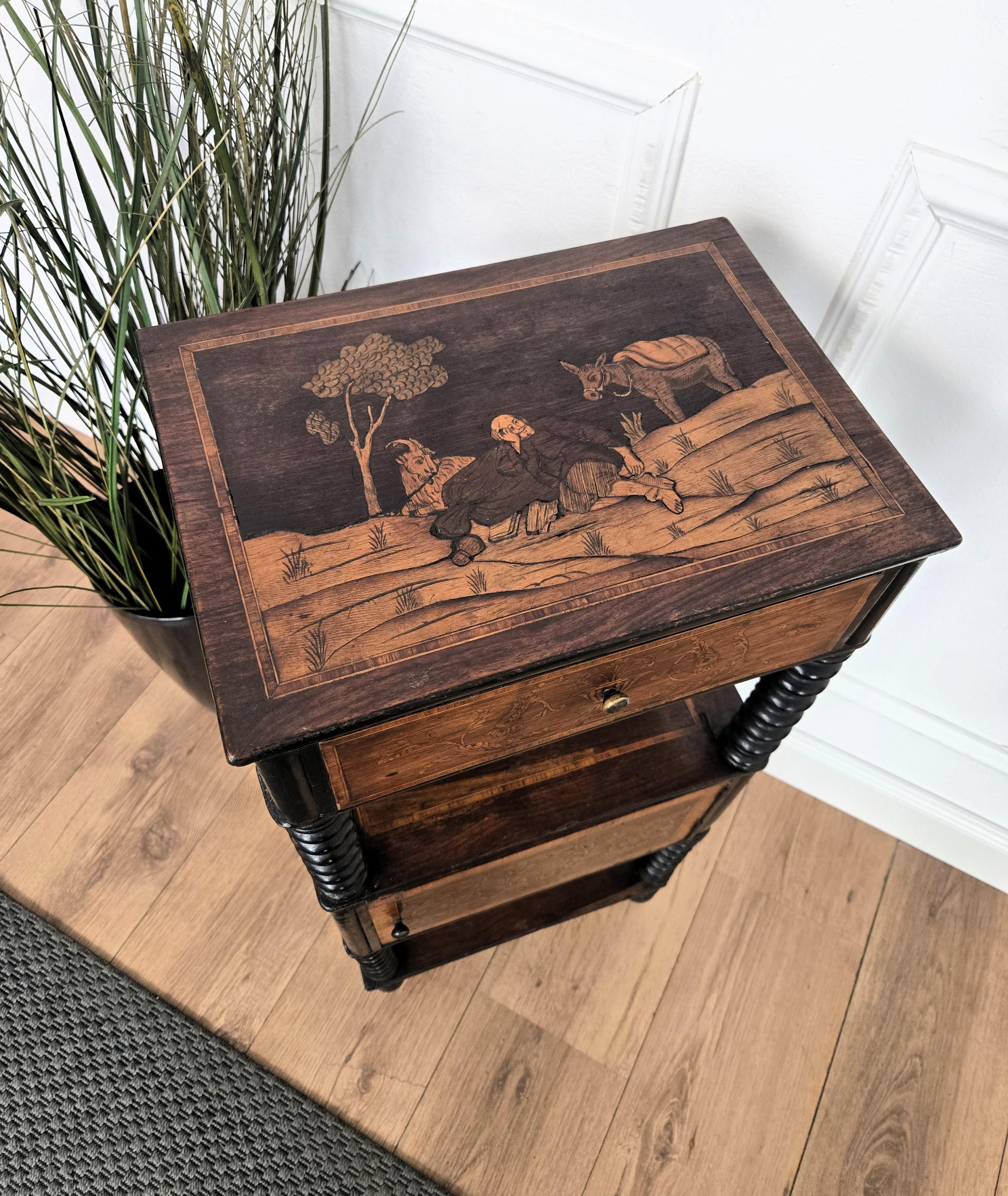 20th Century Italian Antique Marquetry Fruitwood Inlay Bobbin Turned Sofa Side Table For Sale