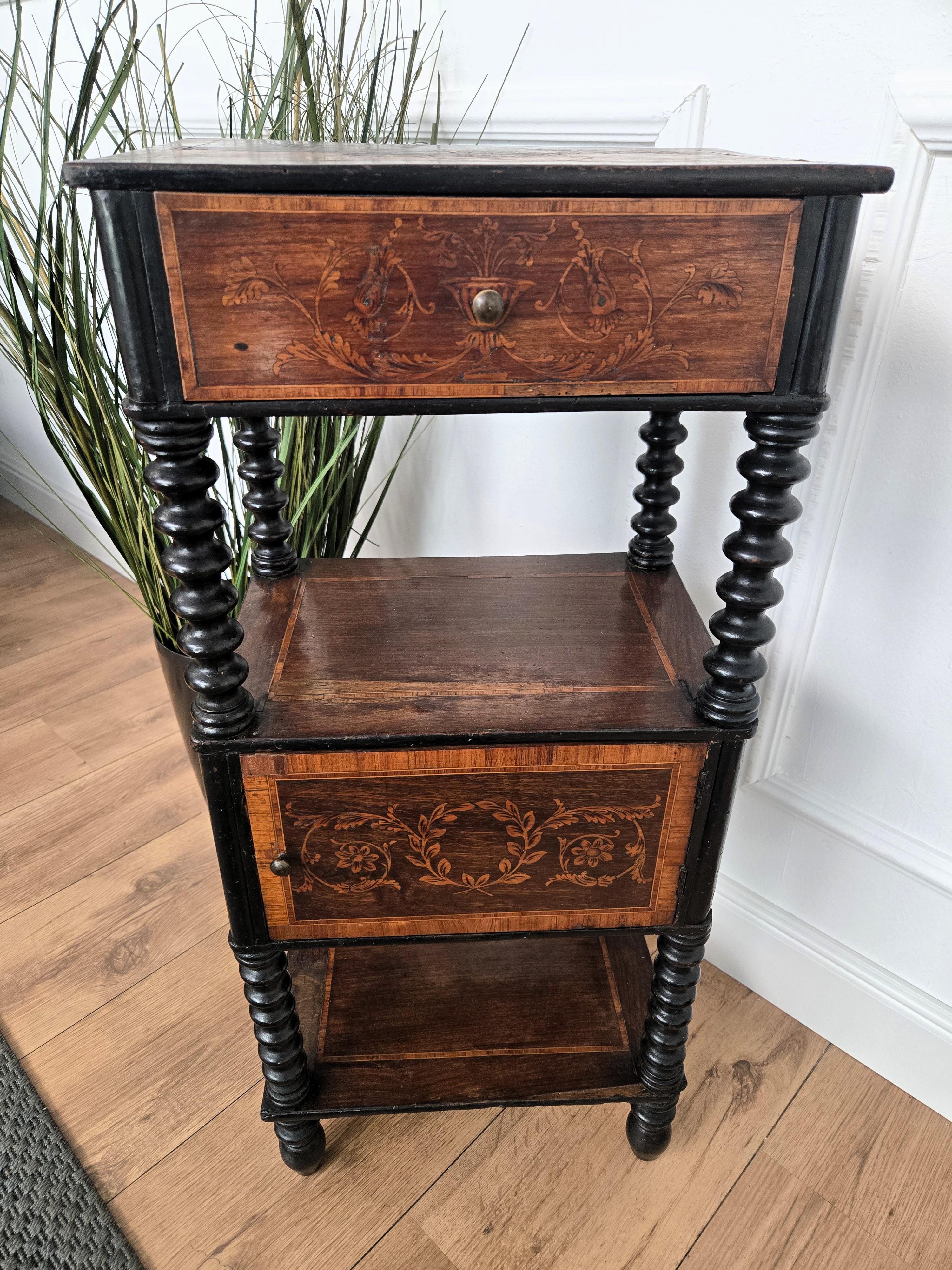 Wood Italian Antique Marquetry Fruitwood Inlay Bobbin Turned Sofa Side Table For Sale